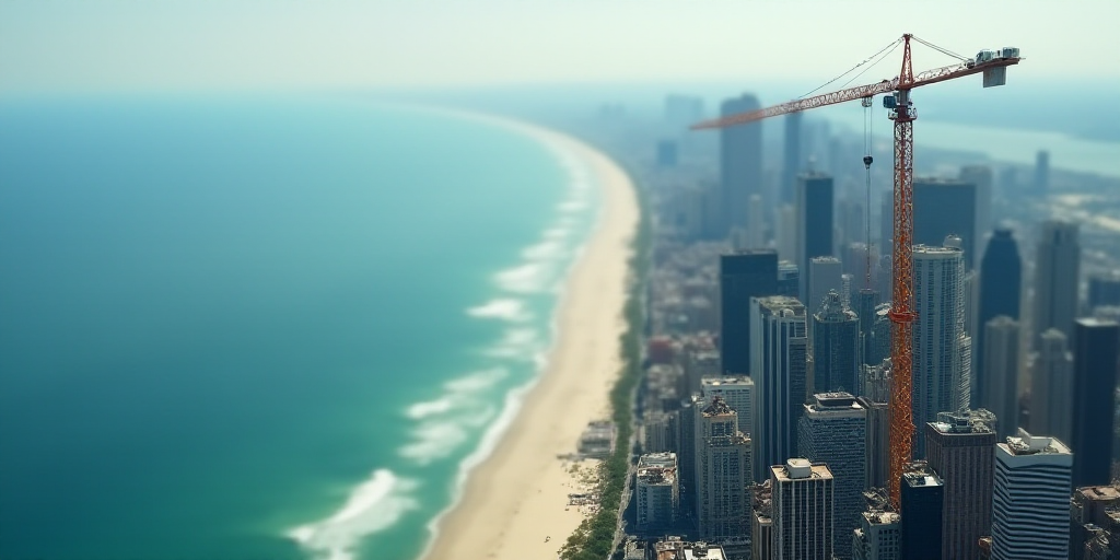 a city with a lot of tall buildings next to the ocean and a beach in the background with a crane on