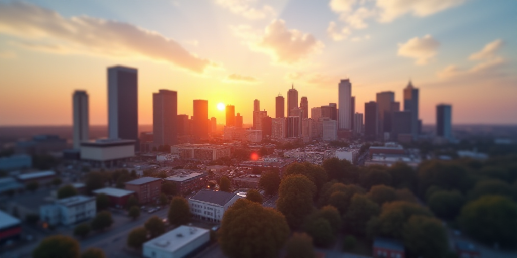 a city with a lot of tall buildings and a sky line in the background with a bright sun shining on th