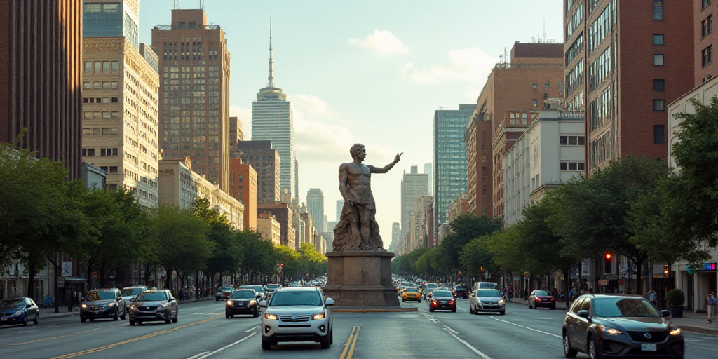 a city with a lot of tall buildings and a statue in the middle of the street with cars driving aroun