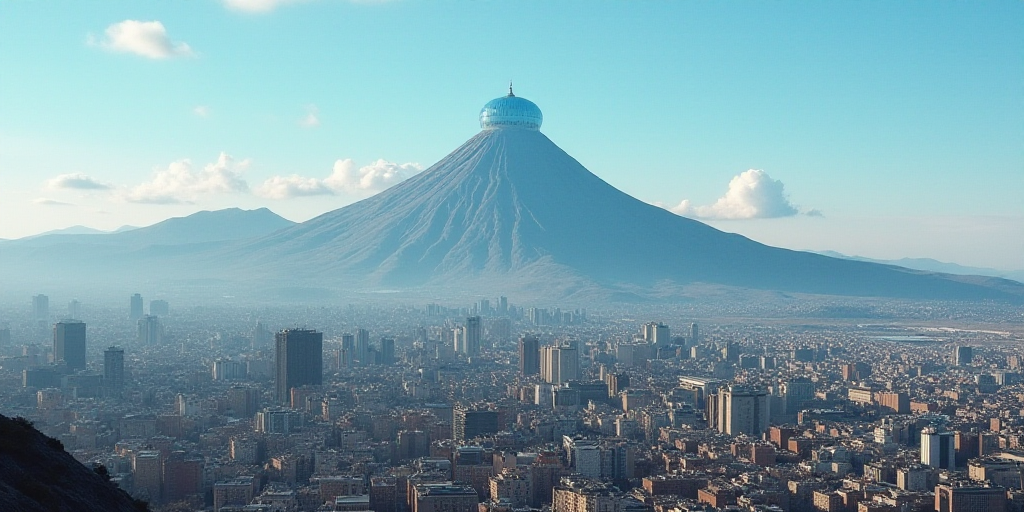a city with a mountain in the background and a blue dome on top of it with a blue dome on the top, E