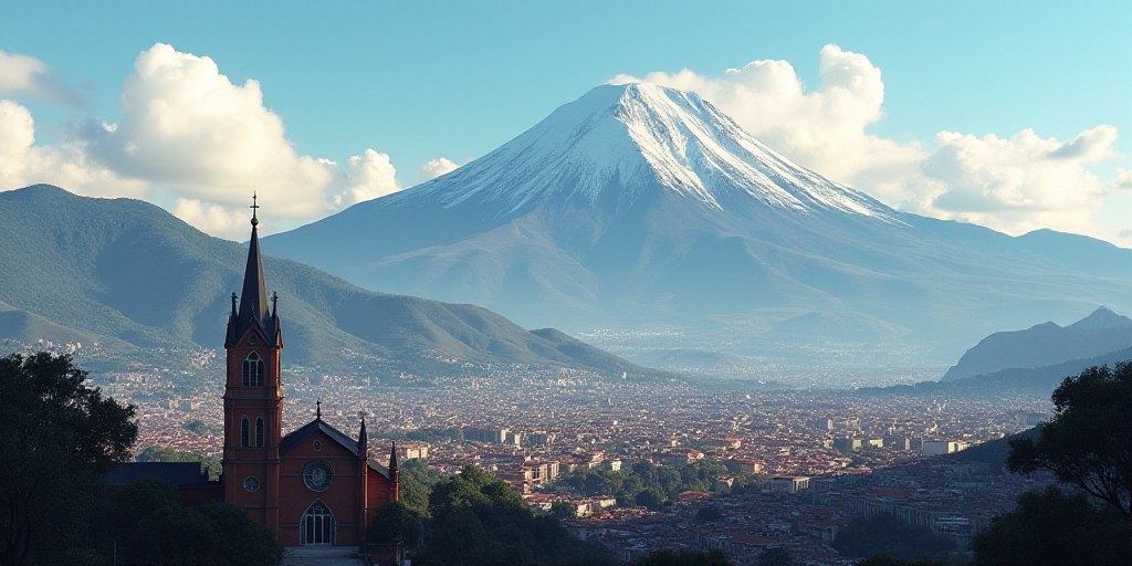 a city with a mountain in the background and a church tower in the foreground with a snow capped mou