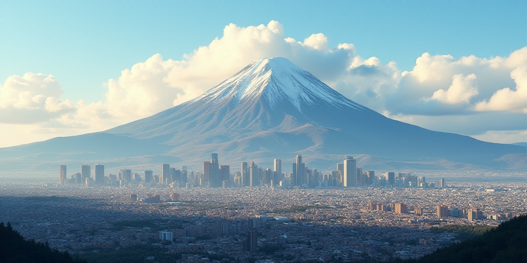 a city with a mountain in the background and clouds in the sky above it, with a cityscape in the for