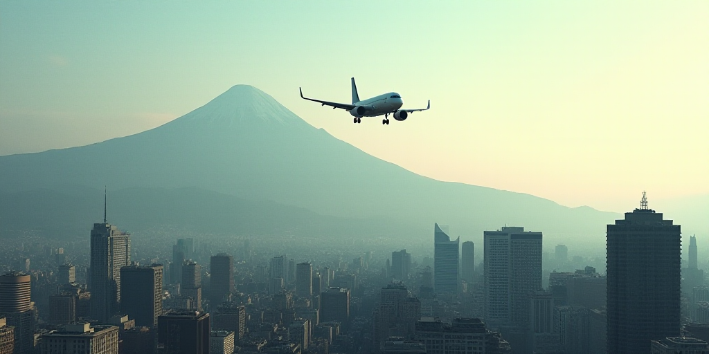 a city with a mountain in the background and a plane flying in the air above it with buildings and a