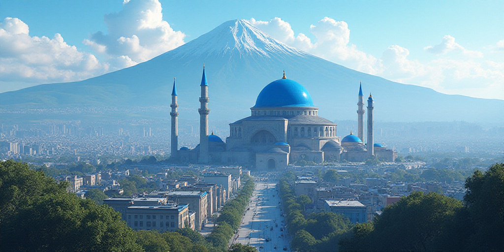 a city with a mountain in the background and a blue dome on top of it with a blue dome on the top, E