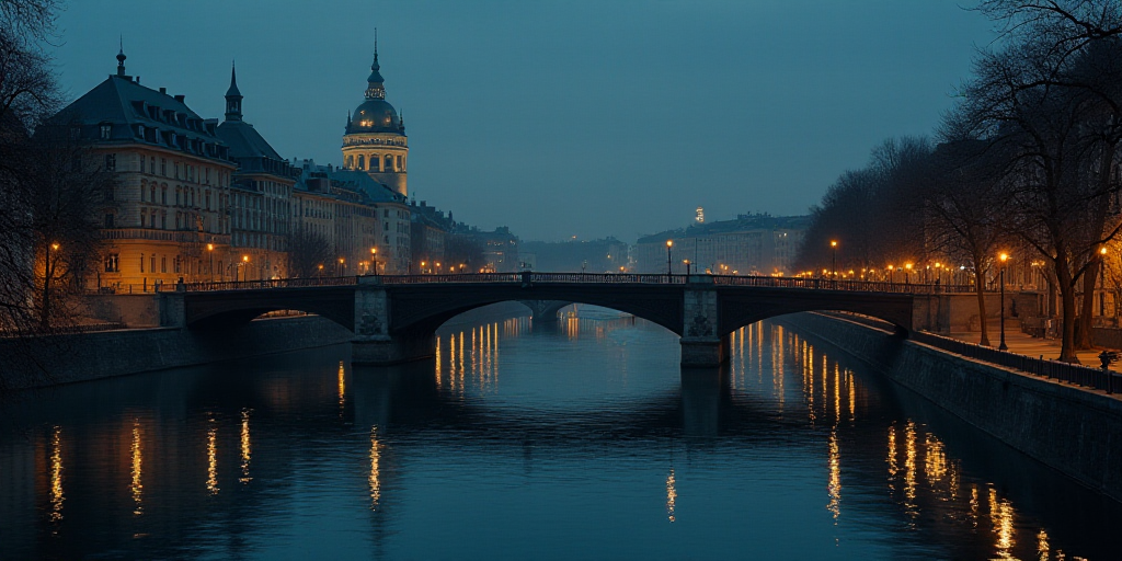 a city with a river running through it at night time with a bridge going over it and a tall building
