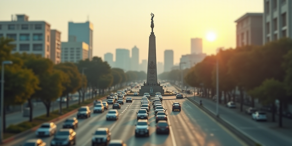 a city with a statue in the middle of it and a lot of cars driving around it in the foreground, Davi
