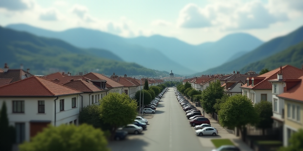 a city with lots of houses and cars parked in front of them and mountains in the background in the d
