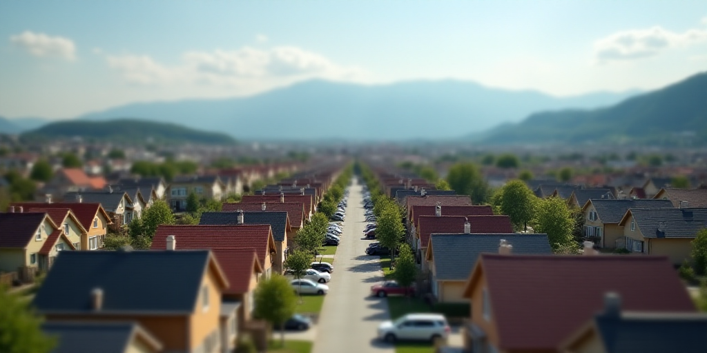 a city with lots of houses and cars parked in front of them and mountains in the background in the d