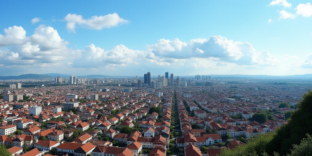 a city with lots of houses and a sky line in the background with clouds in the sky and a blue sky, C
