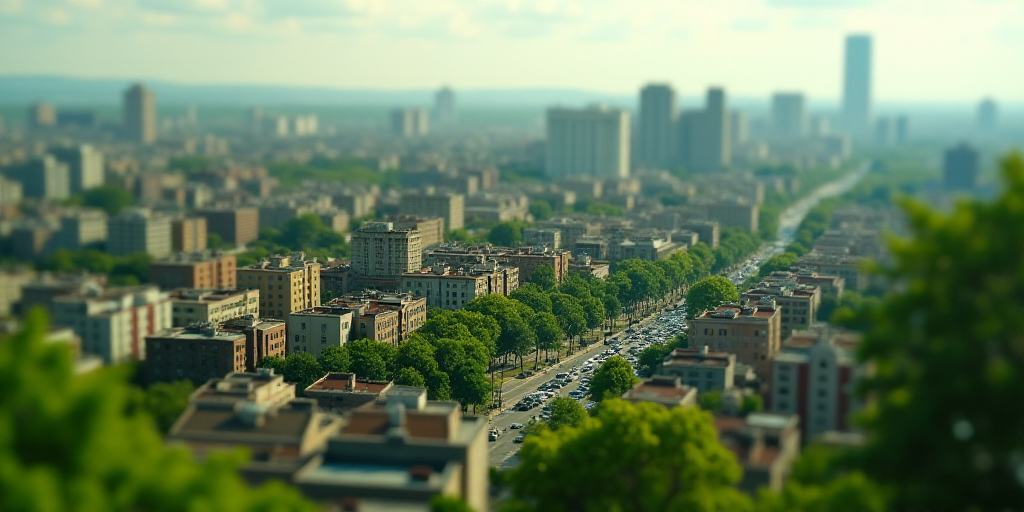a city with lots of tall buildings and lots of trees in the background, with a green roof top, Diego