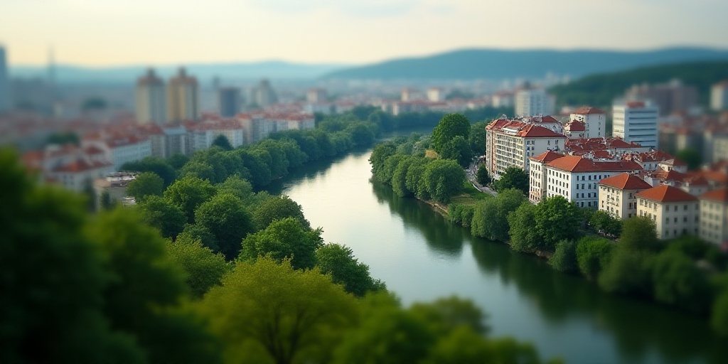 a city with tall buildings and lots of trees in the foreground and a river running through it in the