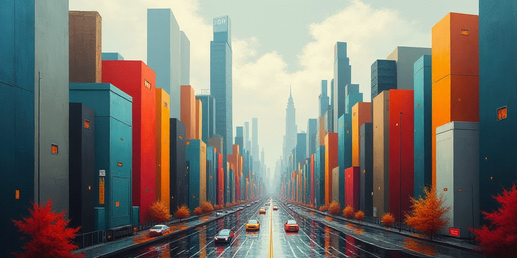 a city with tall buildings and a busy street in the foreground with a cloudy sky in the background,