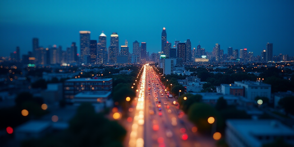 a city with tall buildings and a lot of traffic in the middle of it at night time with a blue sky, C