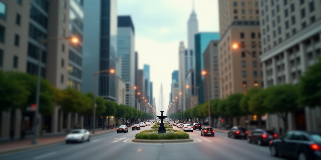 a city with tall buildings and a fountain in the middle of the street and a lot of traffic on the st
