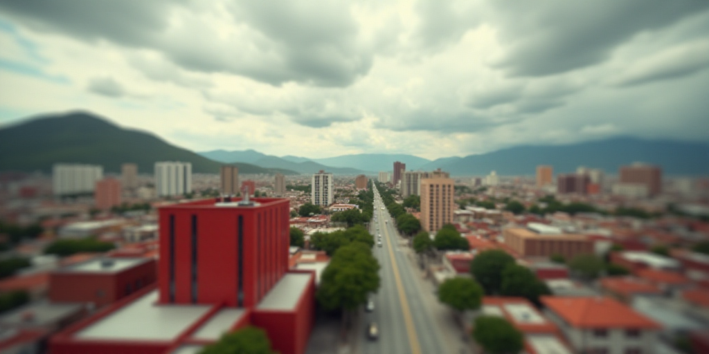 a city with tall buildings and mountains in the background, with a cloudy sky in the background, and