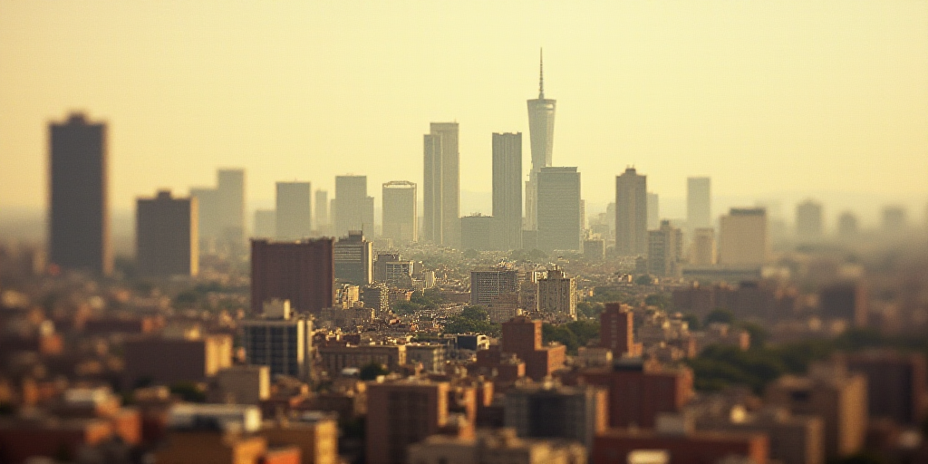 a city with tall buildings and a sky scraper in the background with a hazy sky in the foreground, Da