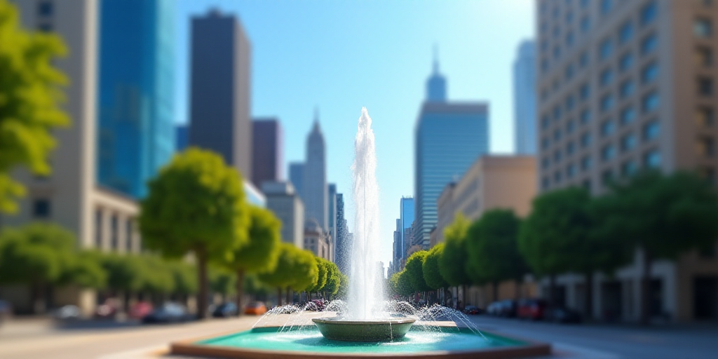 a city with tall buildings and a fountain in the middle of the street and a blue sky in the backgrou