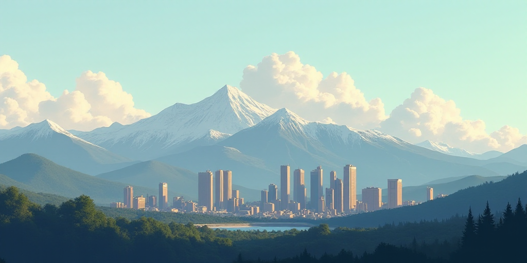 a city with tall buildings and mountains in the background, with a cloudy sky in the background, and