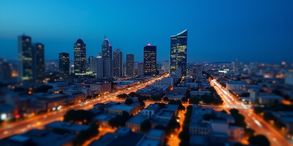 a cityscape with a lot of tall buildings and a lot of traffic at night time with a blue sky, Almada