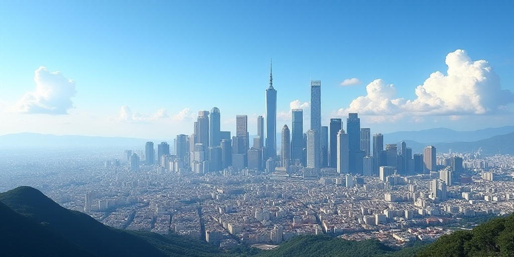 a cityscape with a lot of tall buildings and a blue sky in the background with a few clouds, Carlos