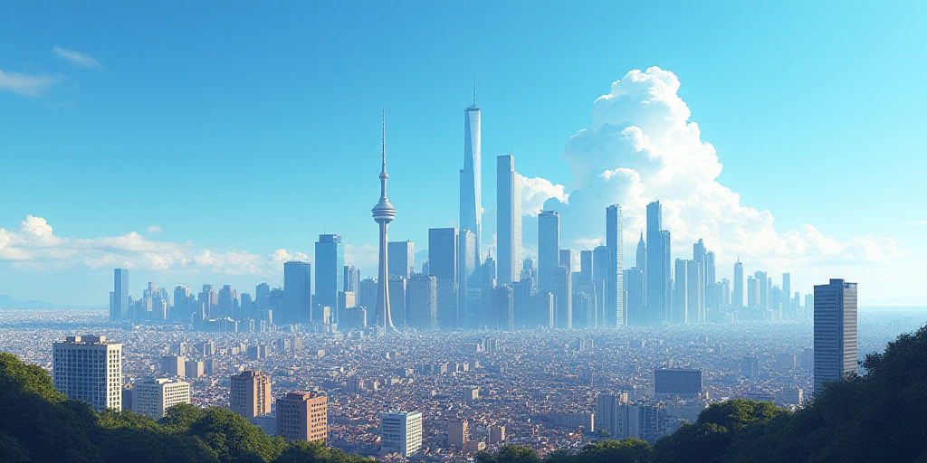 a cityscape with a lot of tall buildings in the background and a blue sky in the foreground, Carlos