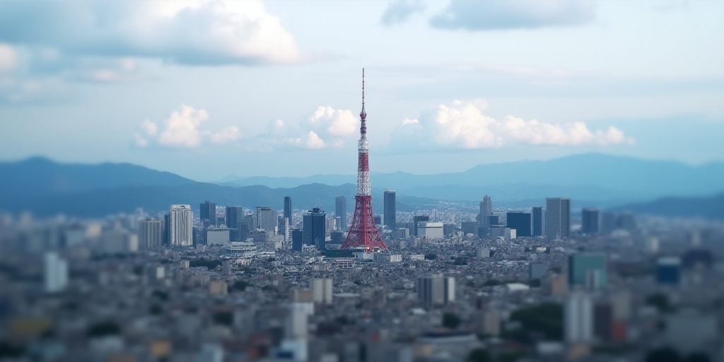 a cityscape with a very tall tower in the distance and a cloudy sky in the background with a few clo