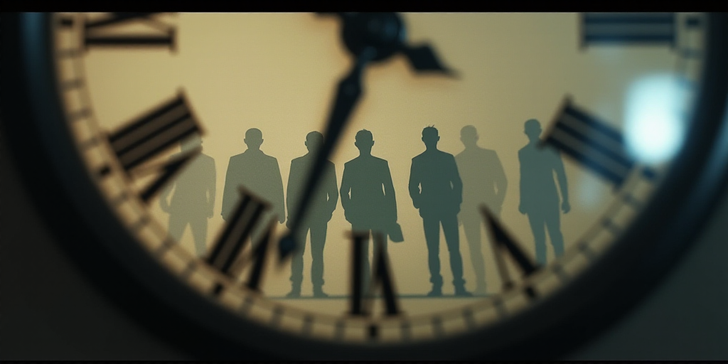 a clock with a group of men in the background with a blurry image of a clock face in the foreground,
