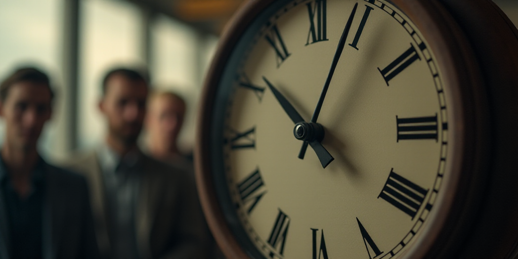 a clock with a group of men in the background with a blurry image of a clock face in the foreground,