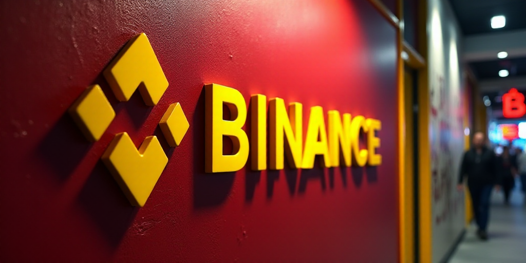 a close up of a binance logo on a wall with red and yellow colors and a bear and arrow, ESAO, 4k, a