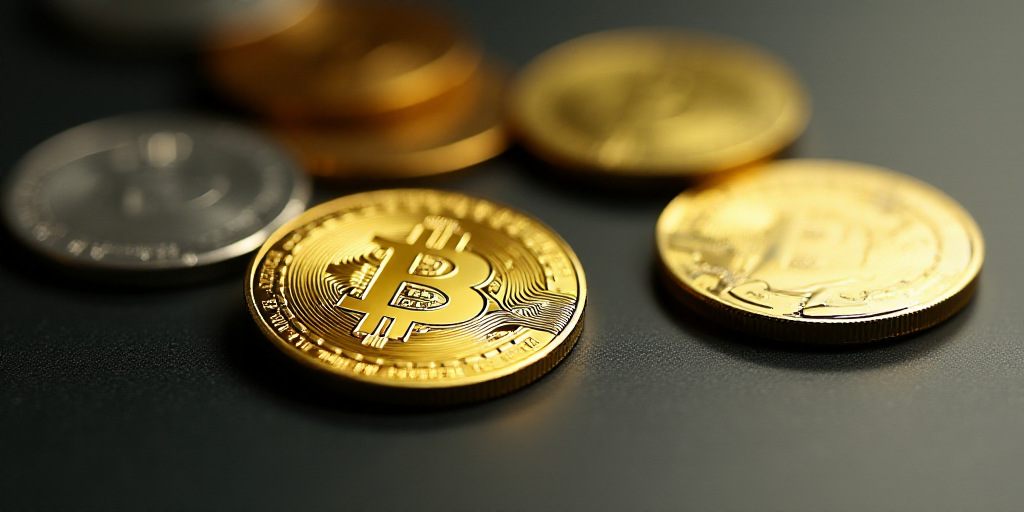 a close up of a bit coin on a table with other coins in the background and a bit coin on the table,