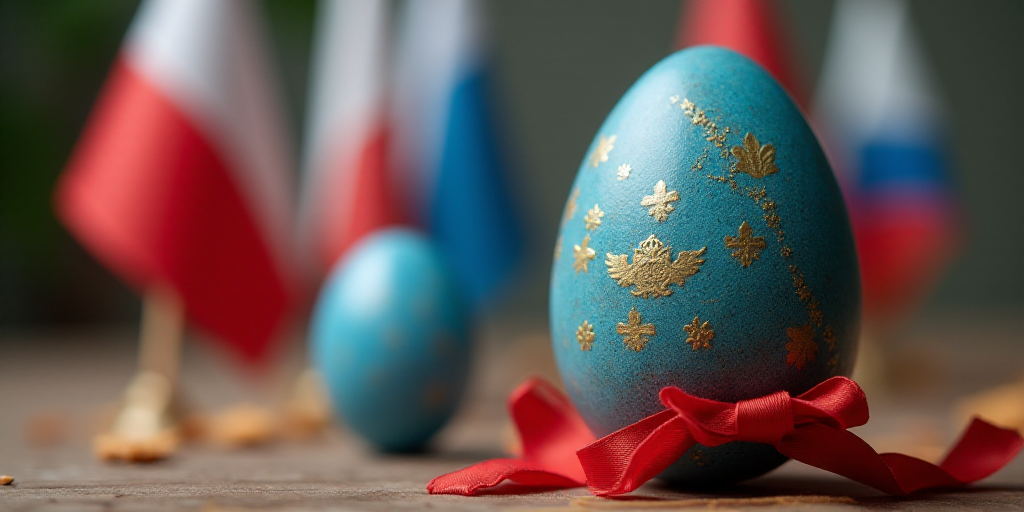 a close up of a blue egg with a red ribbon around it and flags in the background with a blue object