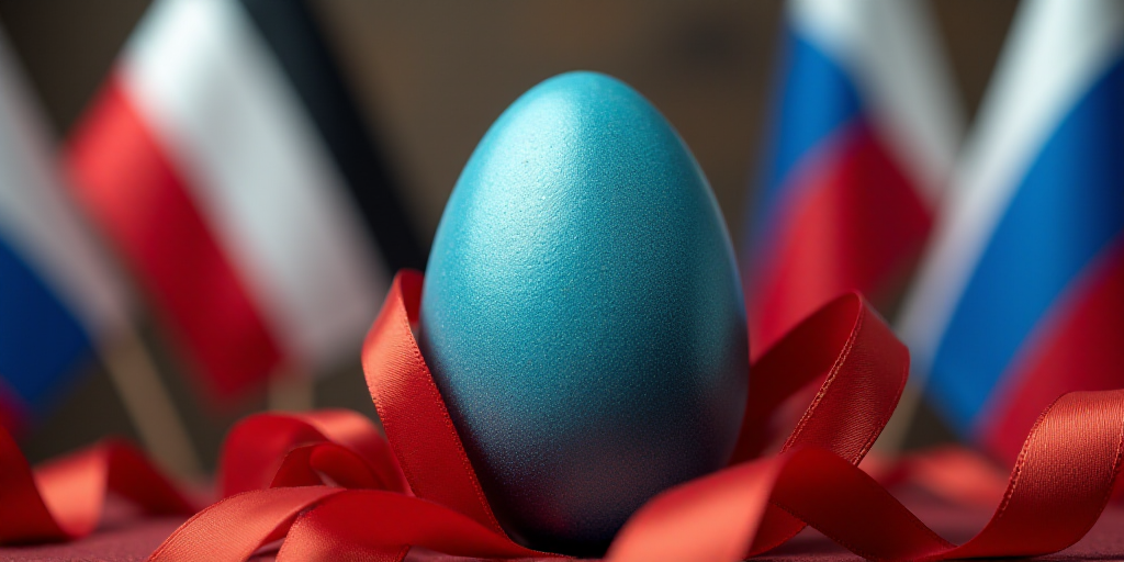 a close up of a blue egg with a red ribbon around it and flags in the background with a blue object