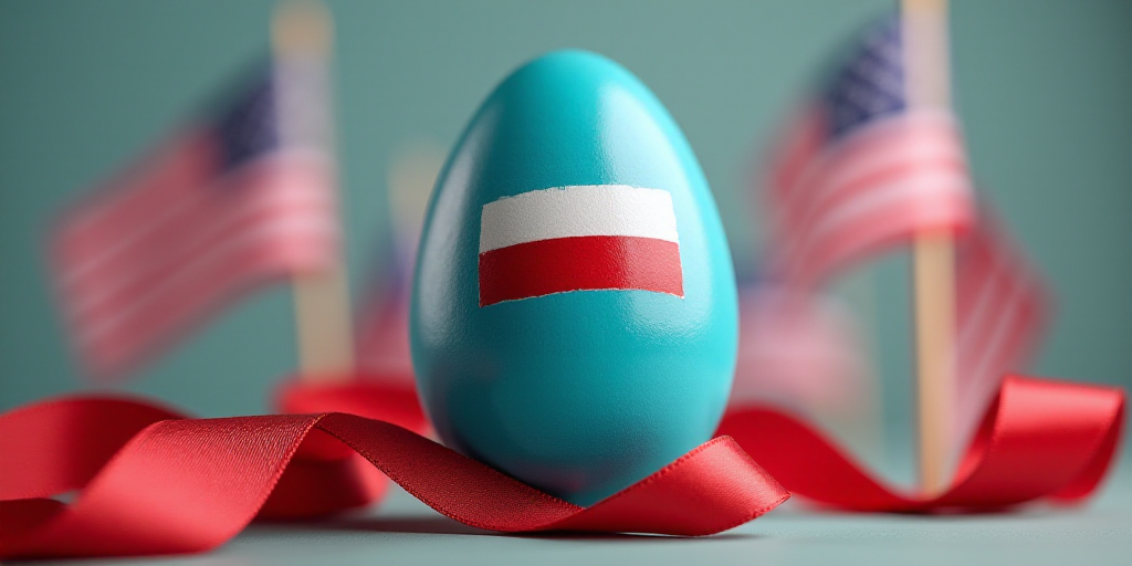 a close up of a blue egg with a red ribbon around it and flags in the background with a red, white,