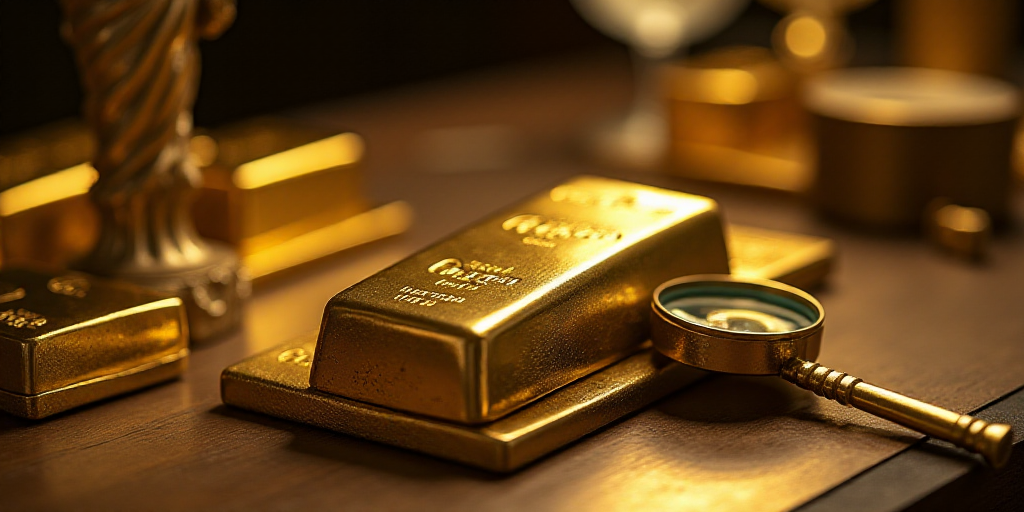 a close up of a bunch of gold bars on a table with a magnifying glass in front of it, Enguerrand Qua