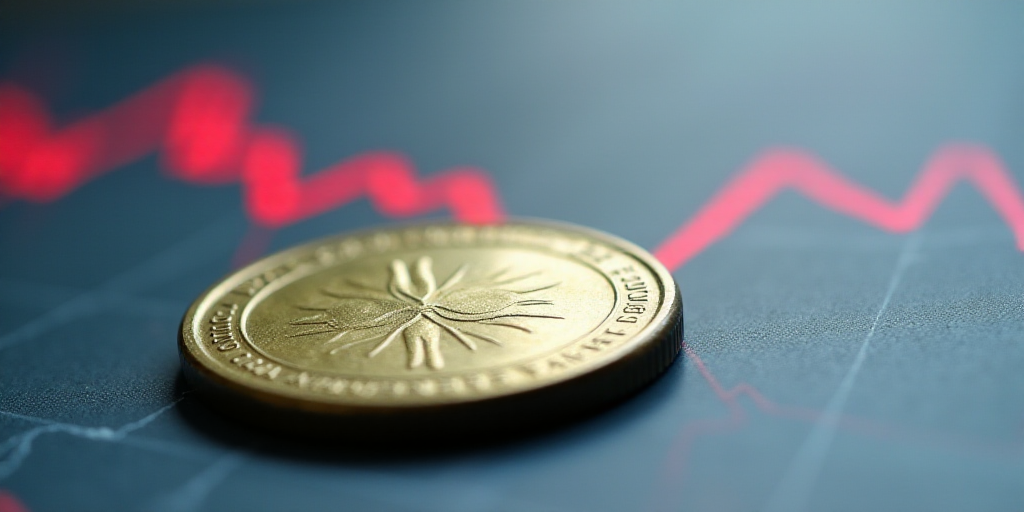 a close up of a coin on a table with a graph in the background and a red line going up, Aquirax Uno,
