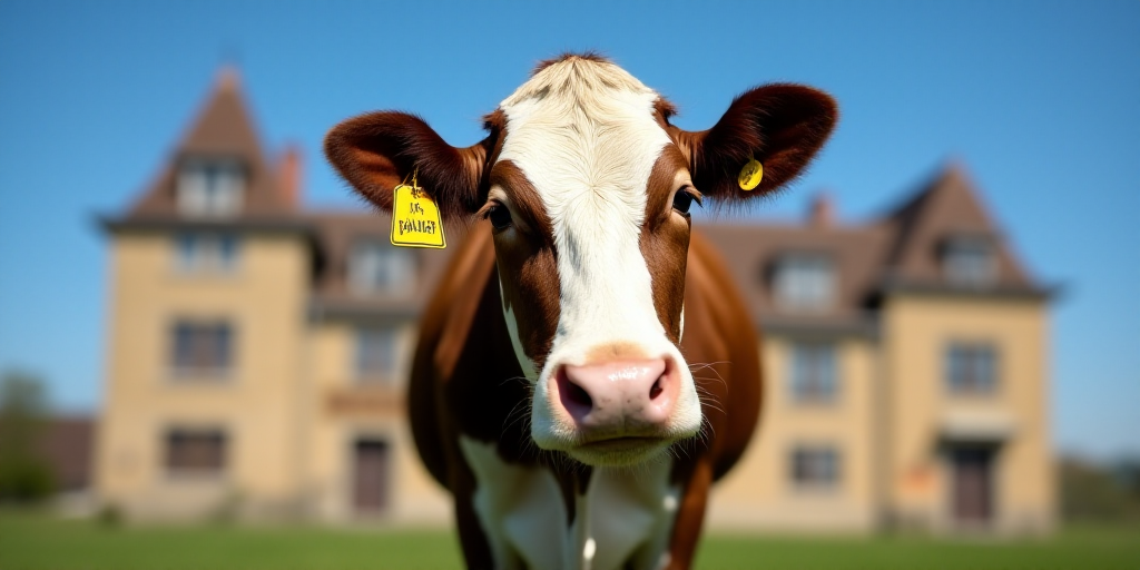 a close up of a cow with a tag on its ear and a building in the background with a blue sky, Clovis T