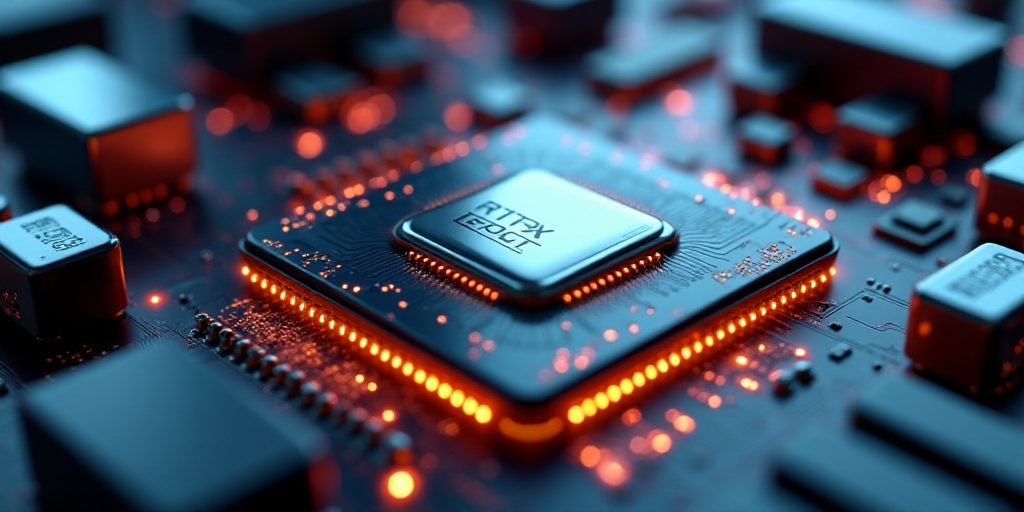 a close up of a cpu chip on a computer board with a chip chip on it's side, Andries Stock, rtx on, a
