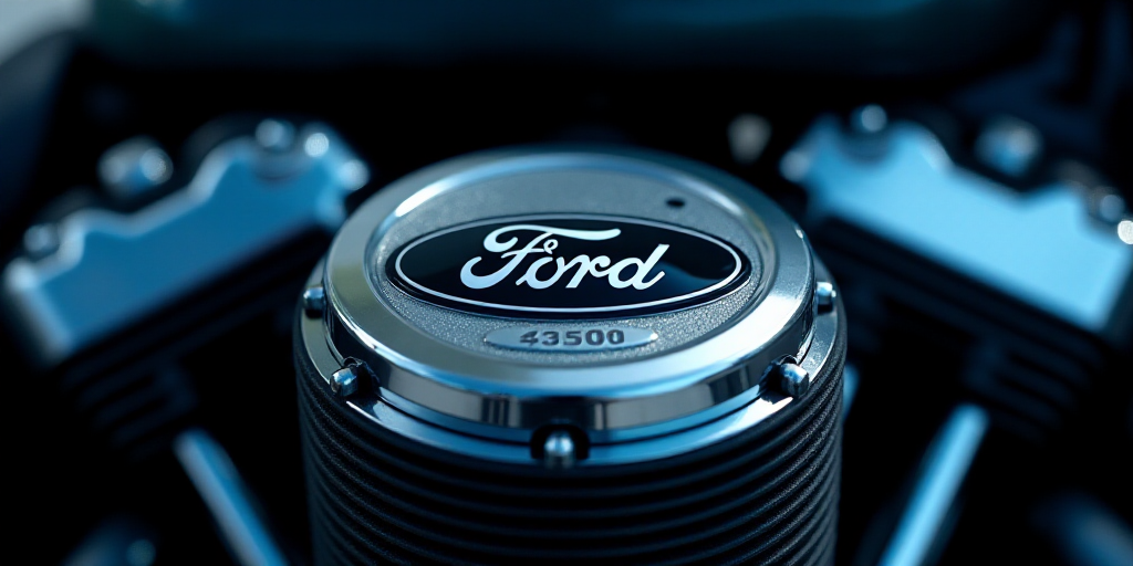 a close up of a ford emblem on a motorcycle engine with a black background and a blue background wit