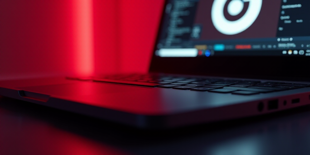 a close up of a laptop with a logo on it's keyboard and a red light behind it, Ai-Mitsu, raytracing,