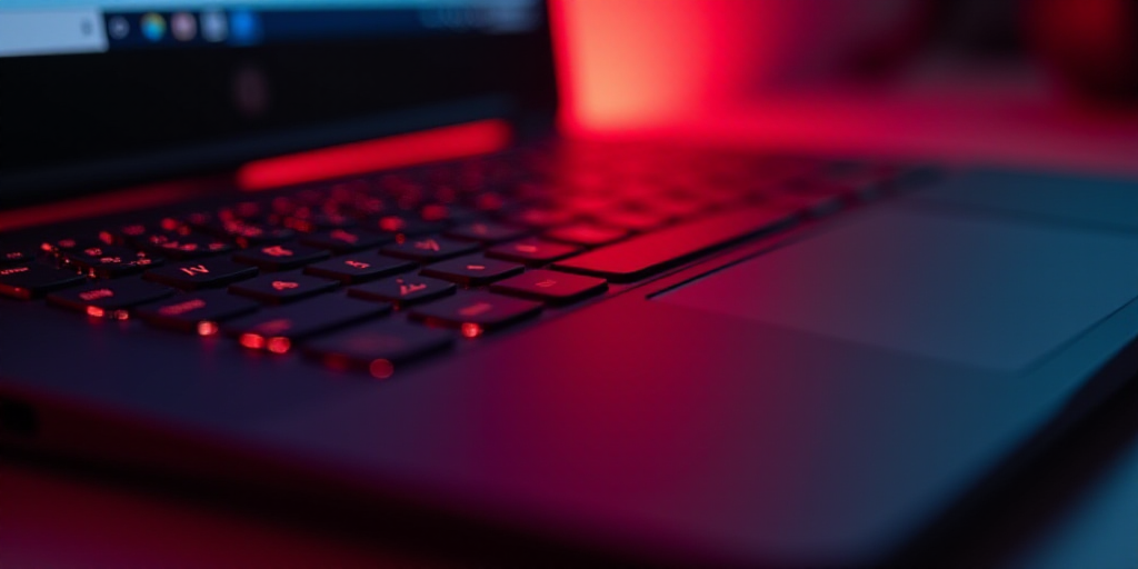 a close up of a laptop with a logo on it's keyboard and a red light behind it, Ai-Mitsu, raytracing,