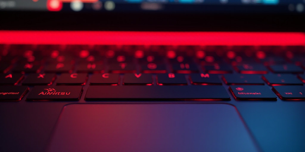 a close up of a laptop with a logo on it's keyboard and a red light behind it, Ai-Mitsu, raytracing,