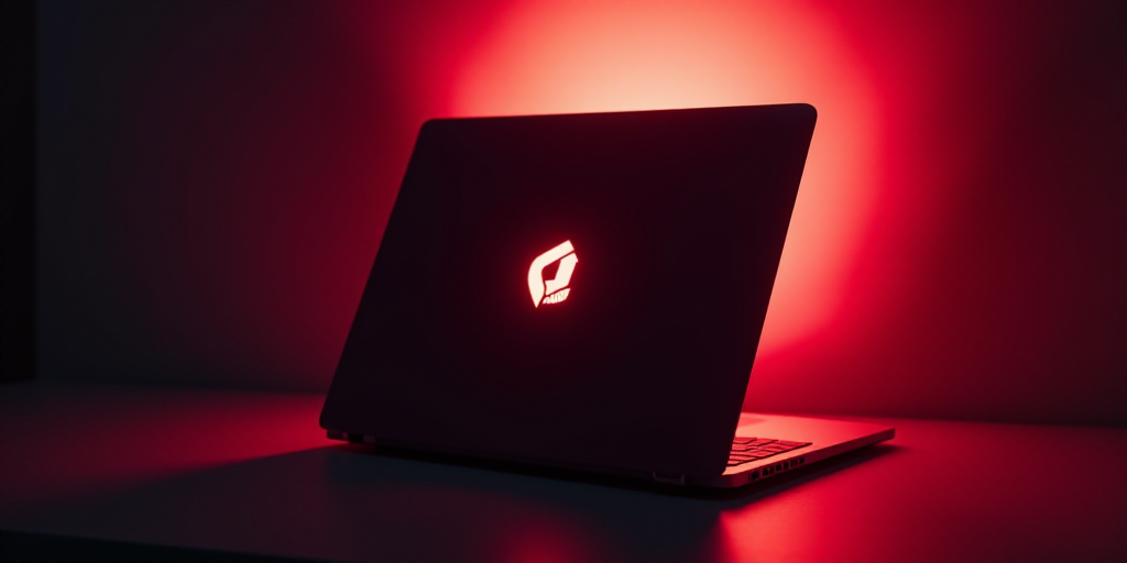a close up of a laptop with a logo on it's keyboard and a red light behind it, Ai-Mitsu, raytracing,