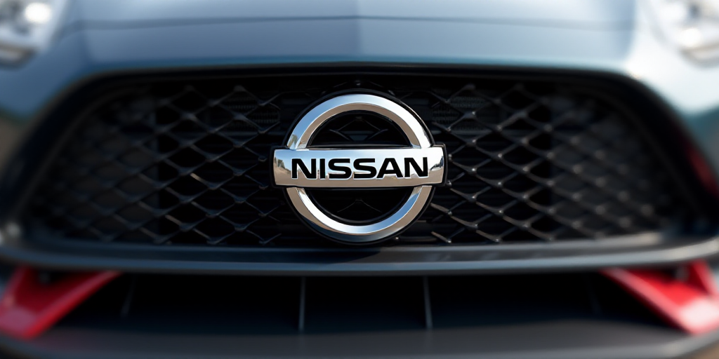 a close up of a nissan emblem on a car's grille and grill grills and exhaust pipes, Ai-Mitsu, finely