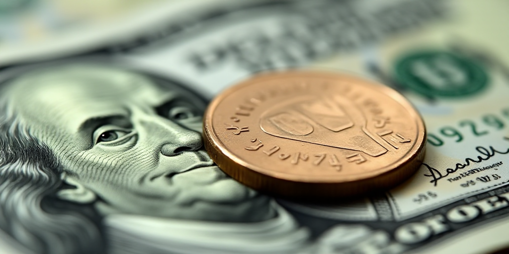 a close up of a one dollar bill with a coin on top of it, with the image of george washington, Benja