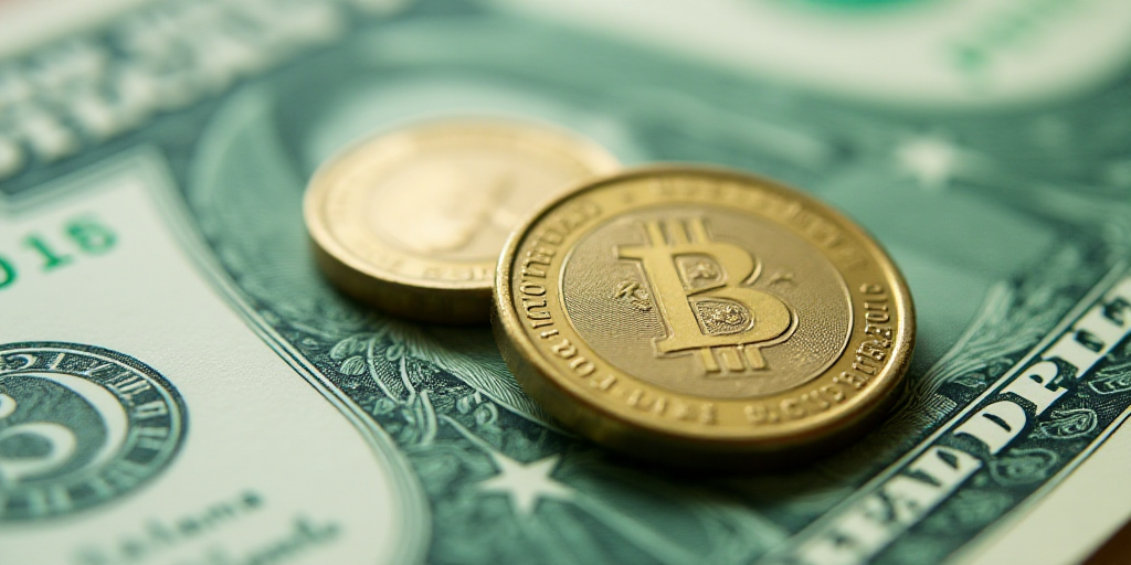 a close up of a one dollar bill with a coin on top of it and a green and white background, Aquirax U