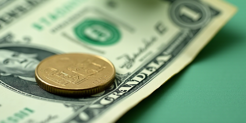 a close up of a one dollar bill with a coin on top of it and a green and white background, Aquirax U