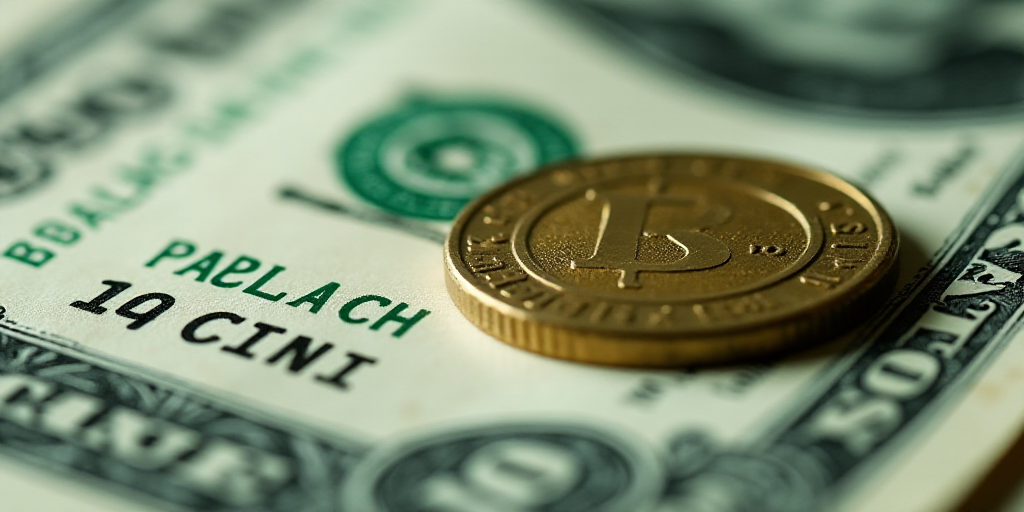 a close up of a one dollar bill with a coin on top of it, with a green and white background, Aquirax