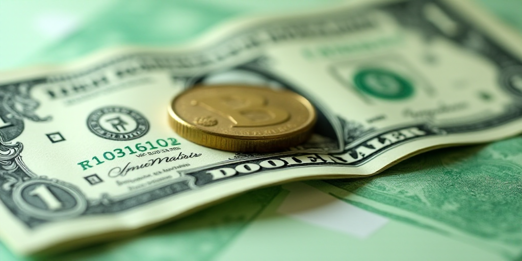 a close up of a one dollar bill with a coin on top of it, with a green and white background, Aquirax