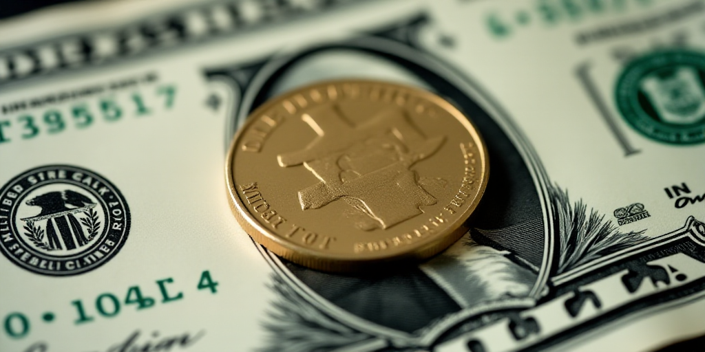 a close up of a one dollar bill with a coin on top of it, with the image of george washington, Charl
