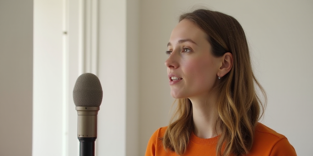 a close up of a person speaking into a microphone with a white wall in the background and a white do